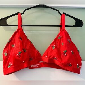 Parade Red Mesh Triangle Bralette with Embroidered Cherries. Size Large. NWOT